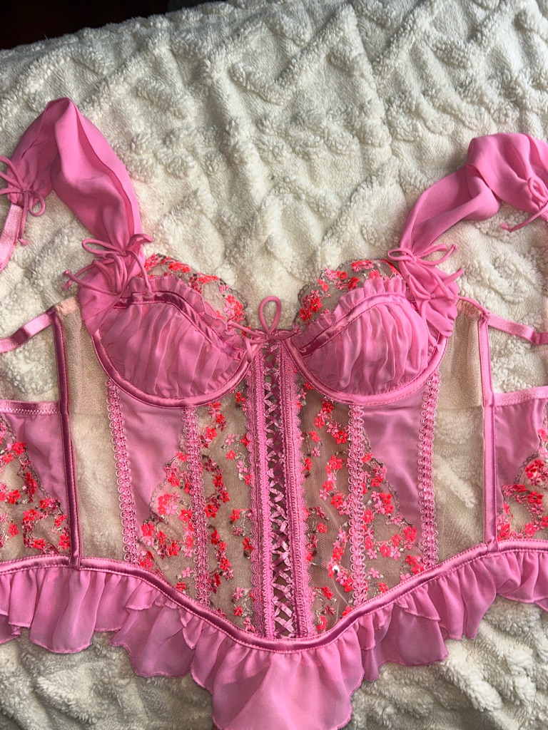 Pink Floral Lace Ruffled Bralette Top
